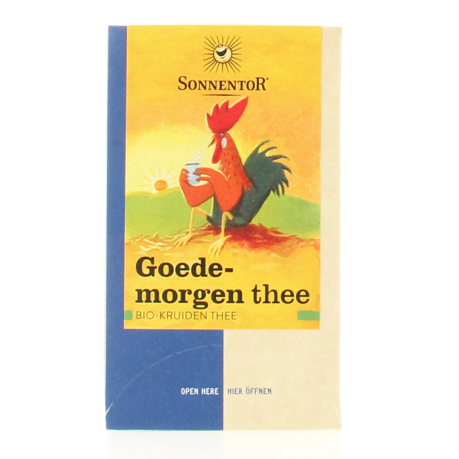 Sonnentor Goedemorgen organic tea in a box with 18 tea sachets, featuring a colorful label and tea bags inside.