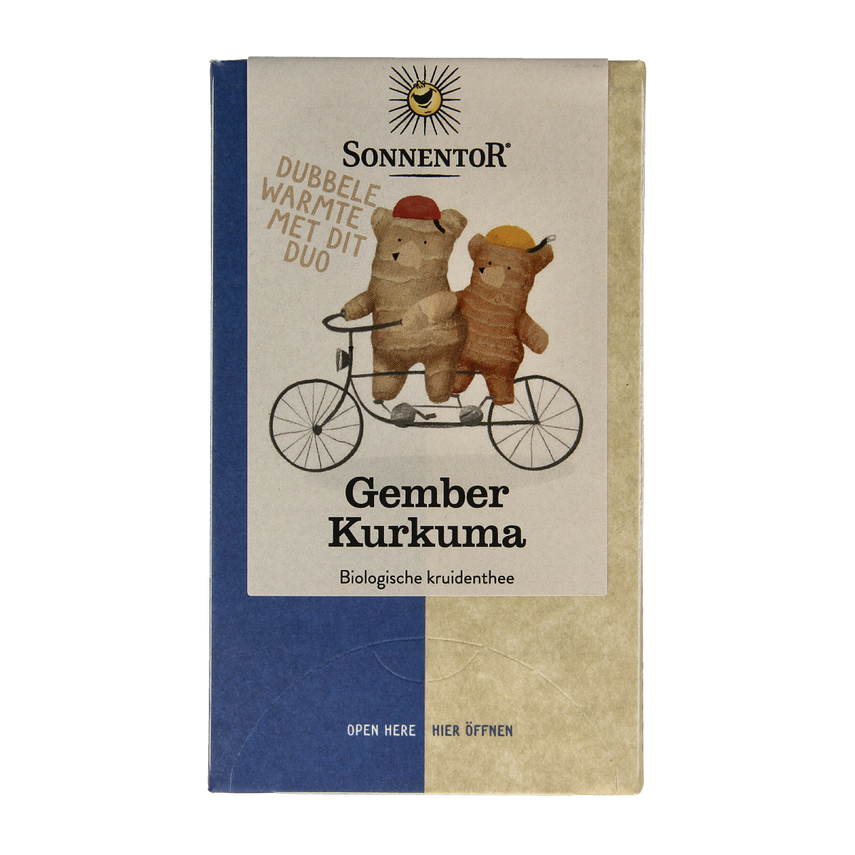 Sonnentor organic ginger turmeric tea in 18 tea bags, featuring a box with ginger and turmeric ingredients for flavorful herbal tea.