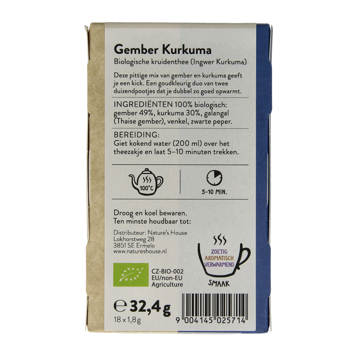 Sonnentor organic ginger turmeric tea in a box with 18 tea bags, featuring fresh ginger and turmeric roots on the packaging