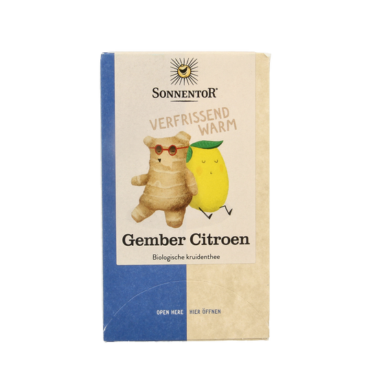 Organic Sonnentor ginger lemon tea in a box with 18 tea bags, featuring fresh ginger and lemon flavors in a natural setting.