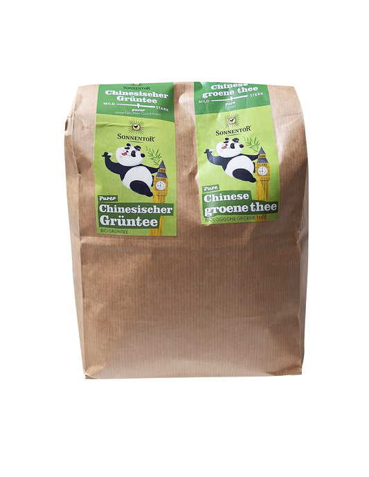 Sonnentor Chinese groene thee los bio in a 1000g package, fresh green tea leaves for brewing, natural and organic tea product.