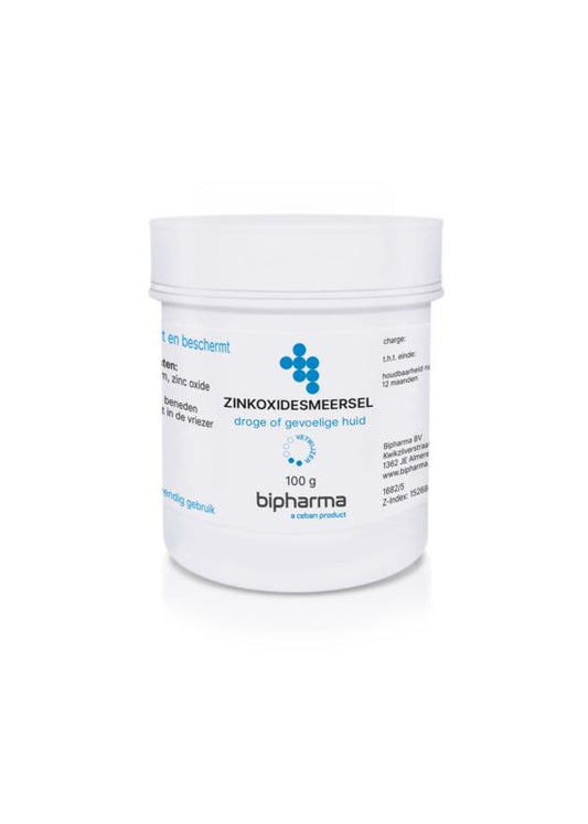 Bipharma Zinkoxidesmeersel zinc oil in a 100g jar, used for body care, with a smooth, creamy texture and natural zinc ingredients.