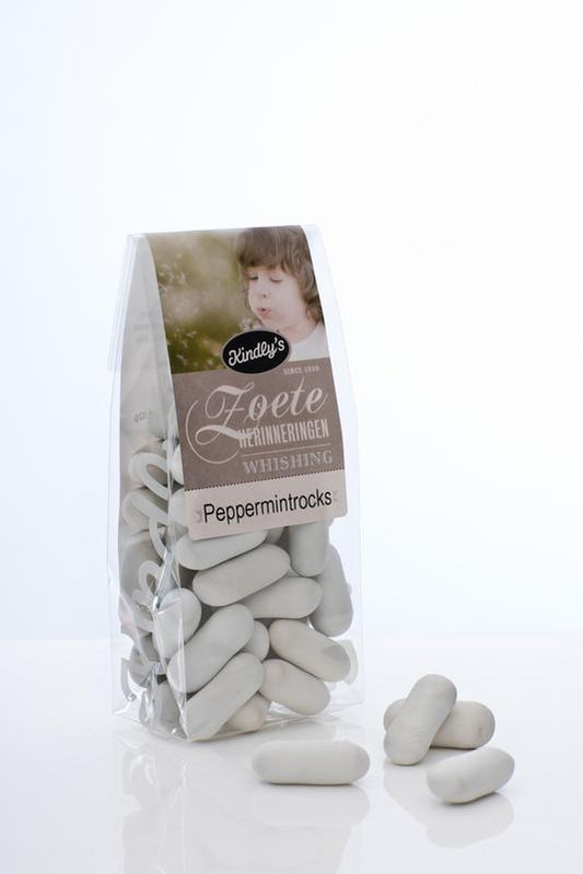 Kindly's Peppermintrocks zoete herinneringen snoepgoed in 180g package, showing colorful peppermint candies in a clear bag.
