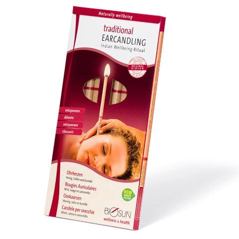 Biosun Oorkaarsen original 10-pack for ear care, showing several small earwax removal candles with branding on packaging