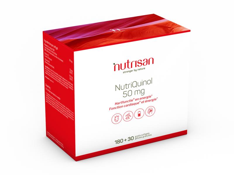 Nutrisan Nutriquinol 50mg multivitamin softgels, dietary supplement bottle with 210 softgel capsules, close-up view.