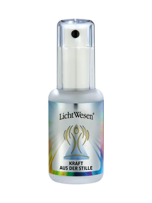 Lichtwesen Goudwater tinctuur kracht van de stilte in 30ml fles, spiritualiteit product with golden liquid and spiritual symbolism