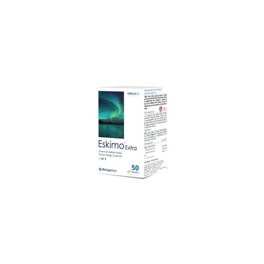 Metagenics Eskimo Extra Vetzuren capsules in a bottle, dietary supplement with omega-3 fatty acids for overall health.