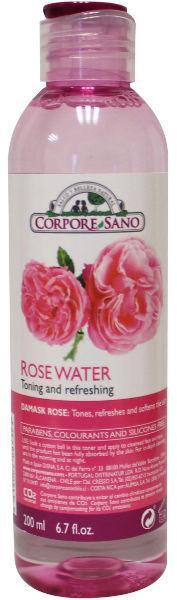 Corpore Sano Rooswater hydrolaat 200ml in a clear spray bottle, used for natural body care and facial hydration.