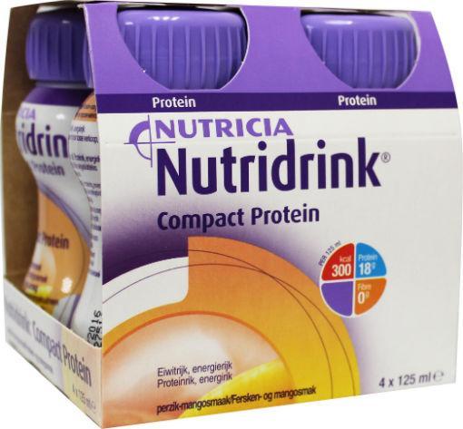 Nutridrink Compact proteine perzik/mango medical diet drink 125ml, four packs, with peach and mango flavor.