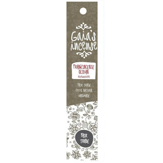 Gaia's Incense Wierook frankincense oliban incense sticks, 15-pack, with natural brown sticks and packaging.