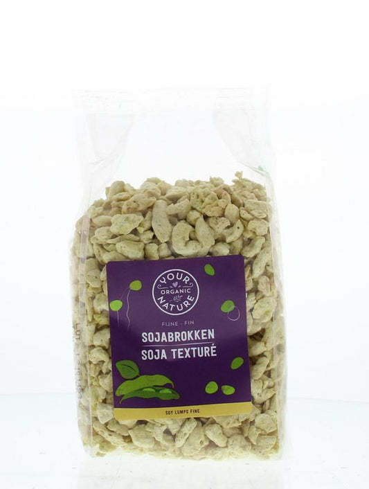 Organic Your Organic Nature Soja brokken bio 150g, plant-based meat substitute, showing textured soy chunks in a clear container.