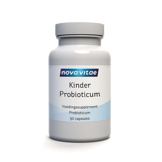Nova Vitae Kinder probiotic capsules with 37.5 billion micro-organisms, vegetarian capsules for children's digestive health.
