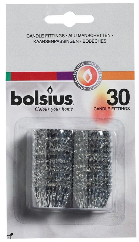Set of 30 Bolsius silver candle adaptors in blister packaging, designed for matching and enhancing candle use.