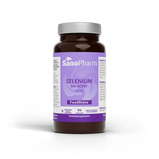 SanoPharm Selenium 100 mcg mineral tablets, 60-count bottle, showing the supplement packaging and tablets.