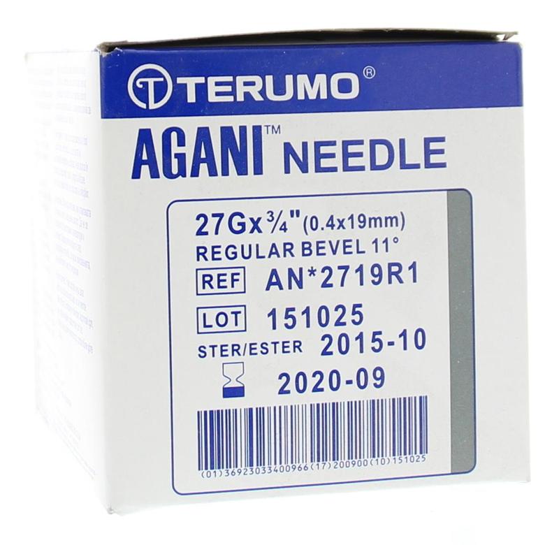 Terumo lancet needle 0.4 x 19 mm, 27 gauge, 100 pieces for blood sampling and testing.