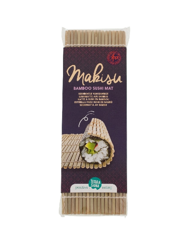 TerraSana bamboo sushi matje with a few raw potatoes, part of the aardappelen, groente en fruit product range.