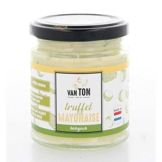 Van Ton bio truffle mayonnaise in 190ml jar, creamy sauce with truffle flavor, ideal for gourmet sandwiches and salads.