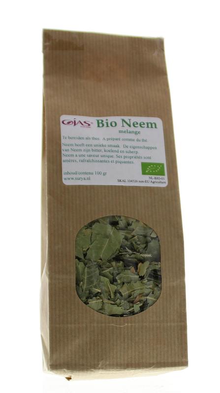 Ojas Neem Melange Bio coffee blend in a 100g package, showcasing the colorful tea and coffee mix with fresh herbs and spices.