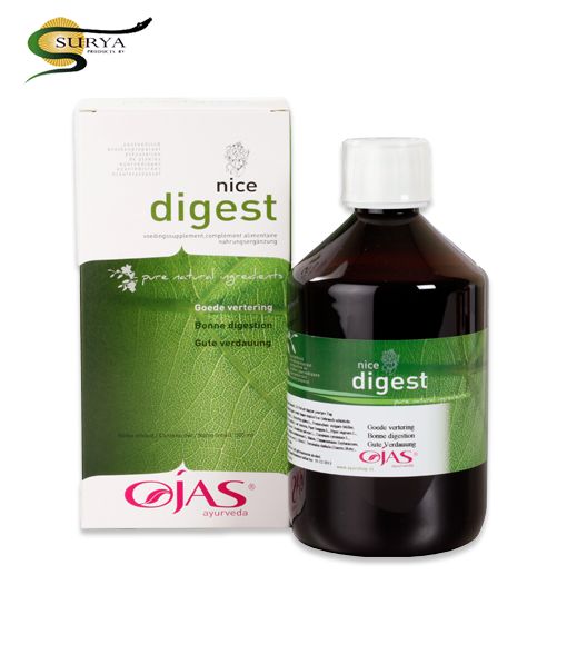 Ojas Nice Digest herbal supplement in 500ml bottle, part of Ojas Kruidenpreparaten line, with label and product packaging visible.