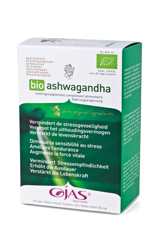 Ojas Bio Ashwagandha capsules in a bottle, herbal supplement for stress relief, part of Kruidenpreparaten product line.