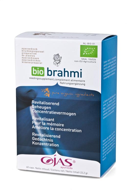 Ojas Bio Brahmi capsules, herbal supplement in a bottle, designed for wellness and cognitive support, with 60 capsules.