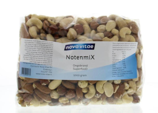 Nova Vitae ongebrande notenmix in 1 kg, a healthy snack with mixed nuts including almonds, cashews, and hazelnuts.
