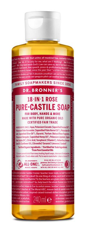 Dr Bronners liquid soap in a 240ml bottle, natural plant-based soap with a simple label, suitable for hand and body use.