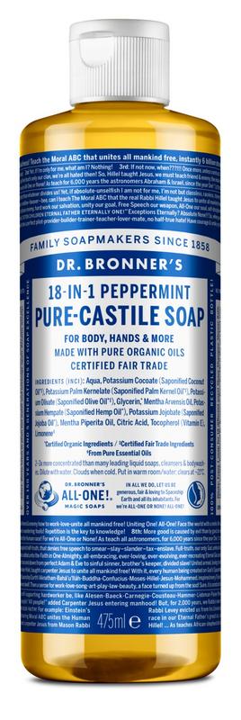 Dr Bronners peppermint liquid soap in a 475ml bottle, showing the label and clear liquid inside.