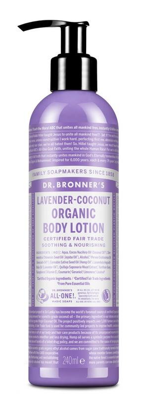 Dr Bronners lavender and coconut body lotion, 240ml, featuring a pump dispenser and soft, moisturizing texture.