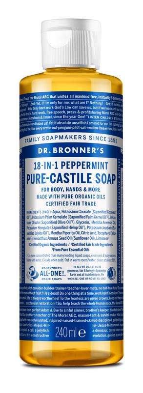 Dr Bronners peppermint liquid soap in a 240ml bottle, showcasing the natural soap with peppermint scent and label.