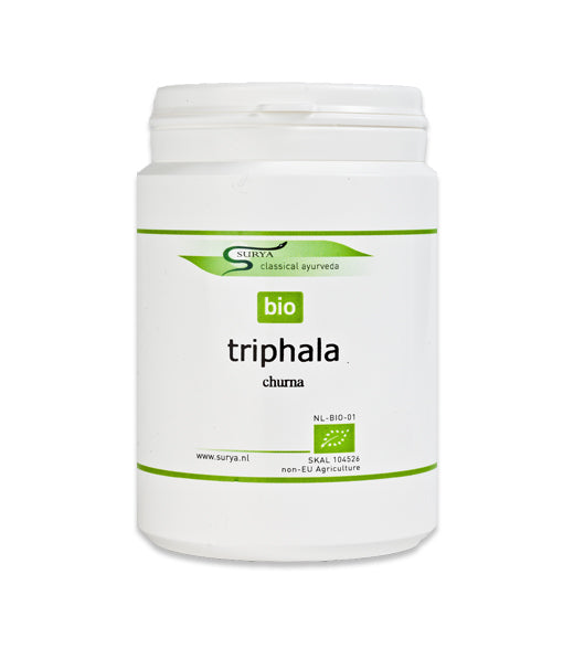 Surya Triphala Churna bio herbal powder in a 100g package, featuring traditional Indian herbal blend for wellness.