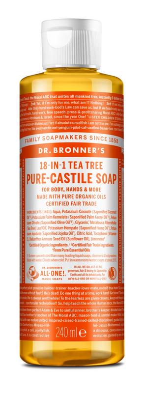Dr Bronners Tea Tree Liquid Soap in a 240ml bottle, showing the clear soap and label details.