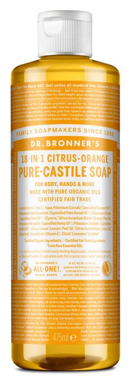 Dr Bronners Citrus Orange Liquid Soap in 475ml bottle, natural soap with citrus and orange scent, suitable for hand and body use.
