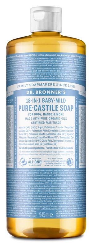 Dr Bronners Baby liquid soap neutral mild in 945ml bottle, gentle baby and toddler skincare product from Dr Bronners.