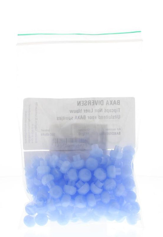 Blue Baxa Tipcaps doseerspuit non-Luer instrument tips, 100-piece pack, shown in a close-up image.