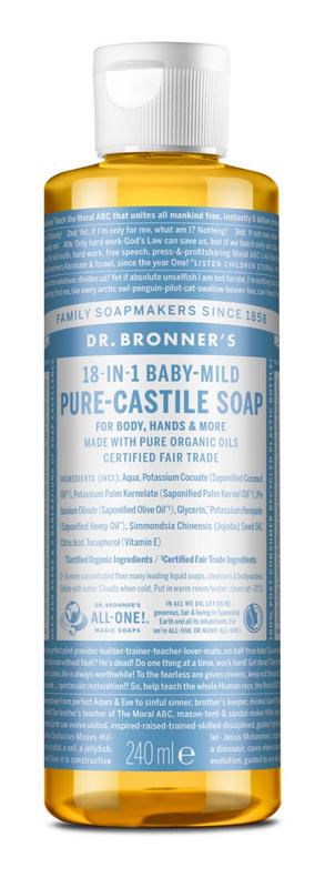 Dr Bronners Baby Mild Liquid Soap in 240ml bottle, gentle natural cleanser for babies, with a clear view of the soap and packaging.