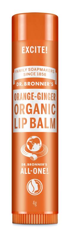 Dr Bronners lip balm with orange and ginger flavor, 4g, in a small tube, designed for lip moisturizing and care.