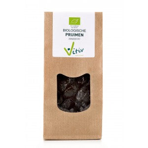 Vitiv organic pitted prunes in 250g pack, shown in a clear image highlighting the dried fruit and packaging.