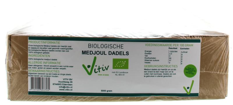 Vitiv Medjoul Bio Dates in 5kg bag, organic dry fruit with large, sweet Medjoul dates displayed in a natural setting.
