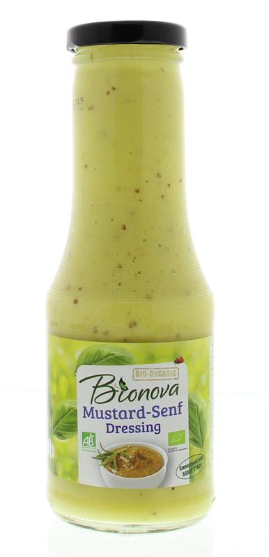 Bionova organic mustard salad dressing bottle, 290ml, with a label showing mustard and salad ingredients.