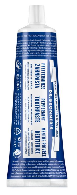 Dr Bronners fluoride-free mint toothpaste in a 105ml tube, with fresh mint flavor and natural ingredients.
