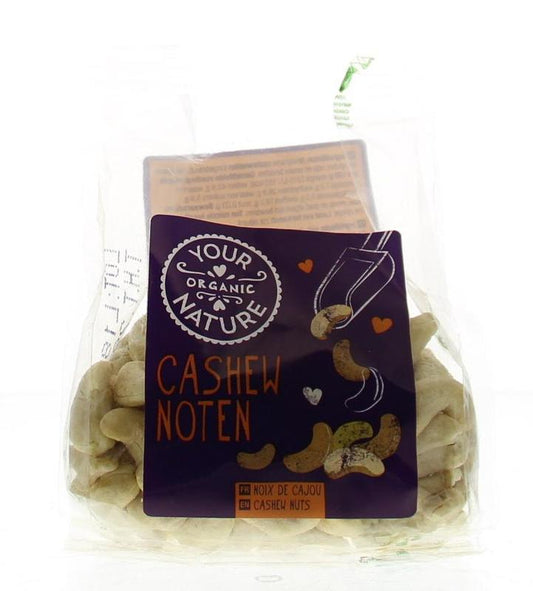 Raw organic cashew nuts from Your Organic Nature, 120g, shown in a clear, close-up image highlighting their natural, crunchy texture.