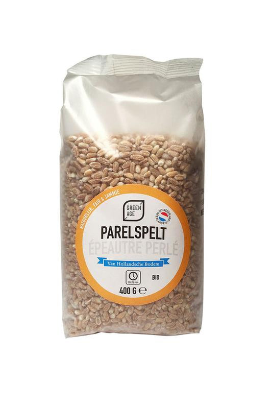 Greenage Parelspelt bio pasta in 400g package, featuring whole spelt grains and natural green packaging.