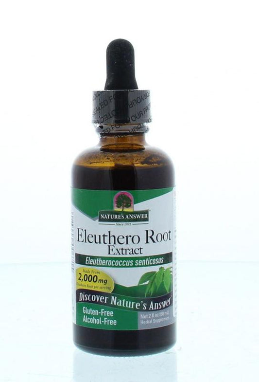 Siberische ginseng extract in a 60ml bottle from Natures Answer, alcoholvrij kruidenpreparaat with fresh ginseng roots and labeling.