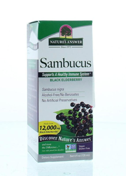 Natures Answer Sambucus elderberry extract in a 120ml bottle, alcohol-free herbal preparation with fresh elderberries.