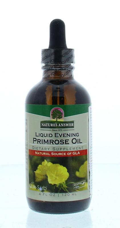 Natures Answer Teunisbloemolie 10% GLA liquid supplement in 120ml bottle, rich in essential fatty acids, for overall wellness.