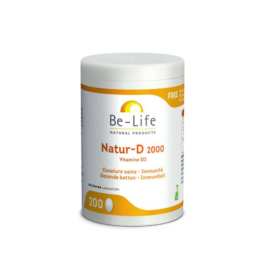 Be-Life Natur-D 2000 vitamin D3 capsules, dietary supplement in a blister pack, showing the clear plastic container and capsules inside.