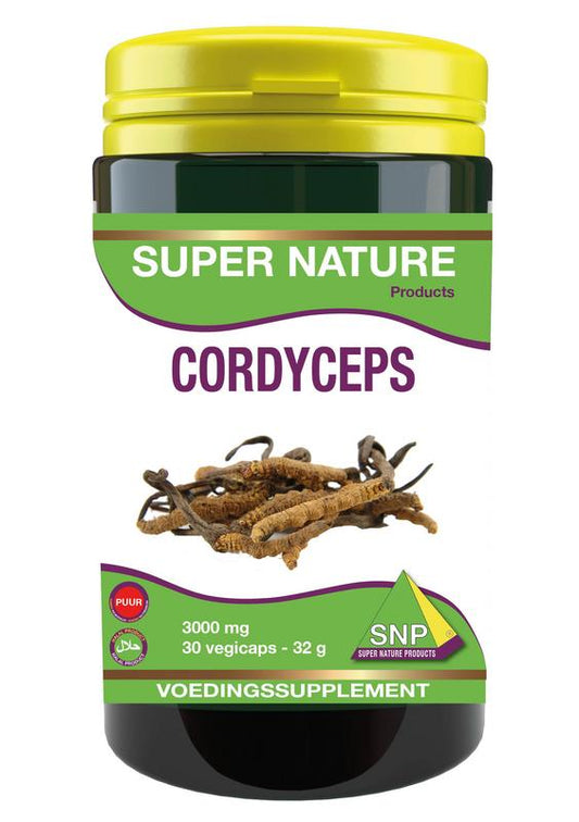 SNP Cordyceps Extra Forte 3000mg herbal capsules in a bottle, vegetarian supplement for natural energy and vitality.