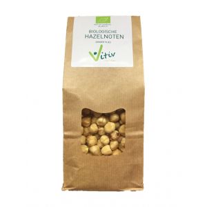 Raw organic Vitiv hazelnuts without skins in a 500g package, showcasing fresh, whole hazelnuts from the superfoods range.