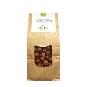Vitiv bio hazelnuts with shell, 500g, natural snack in a clear view of the whole hazelnuts in their shells.